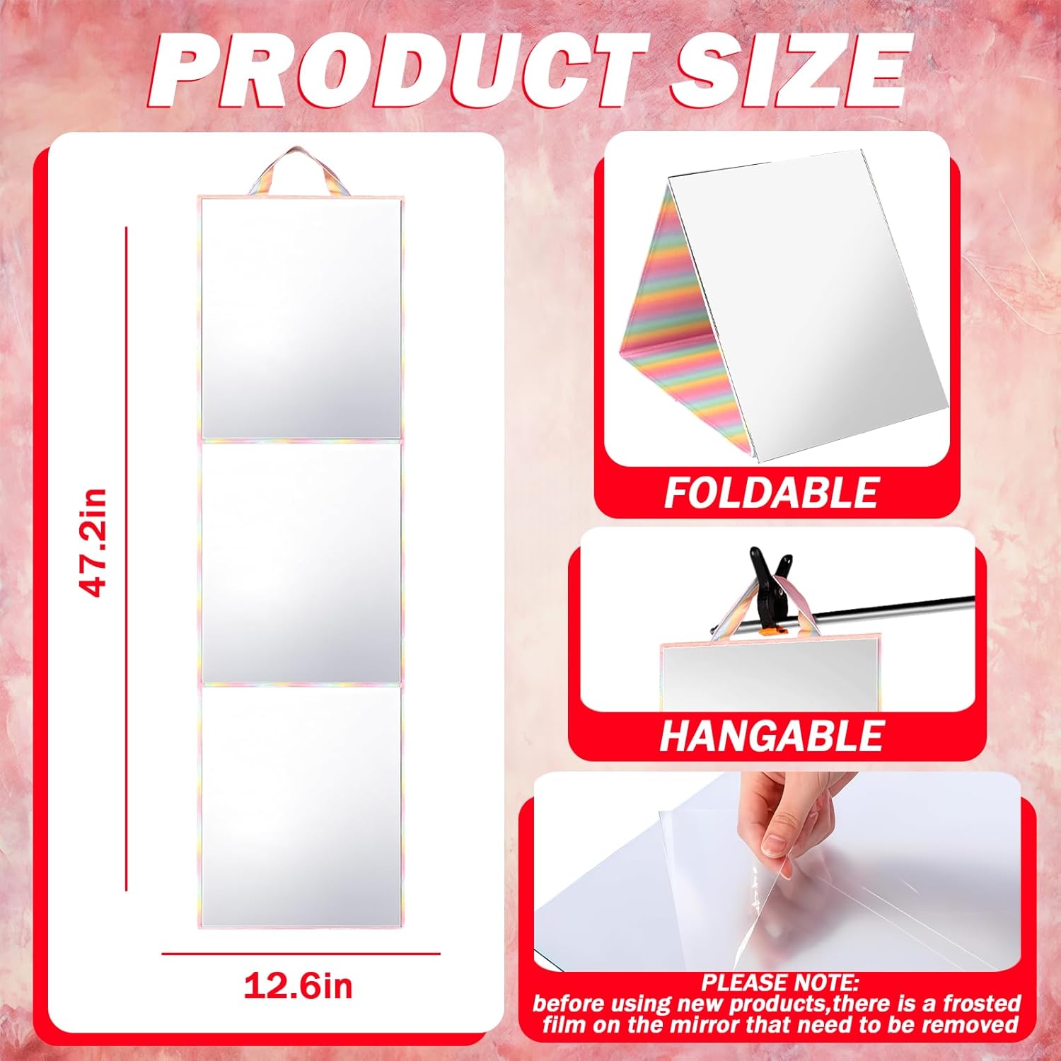 Foldable Full Length Mirror 2-in-1 Wall-Mounted or Tabletop Mirror, Portable Travel Mirror with Handle for Dance Home Bedroom Wardrobe Stage Makeup Checks Camping Outdoor Use (47" x 12.5", Tri-Fold)