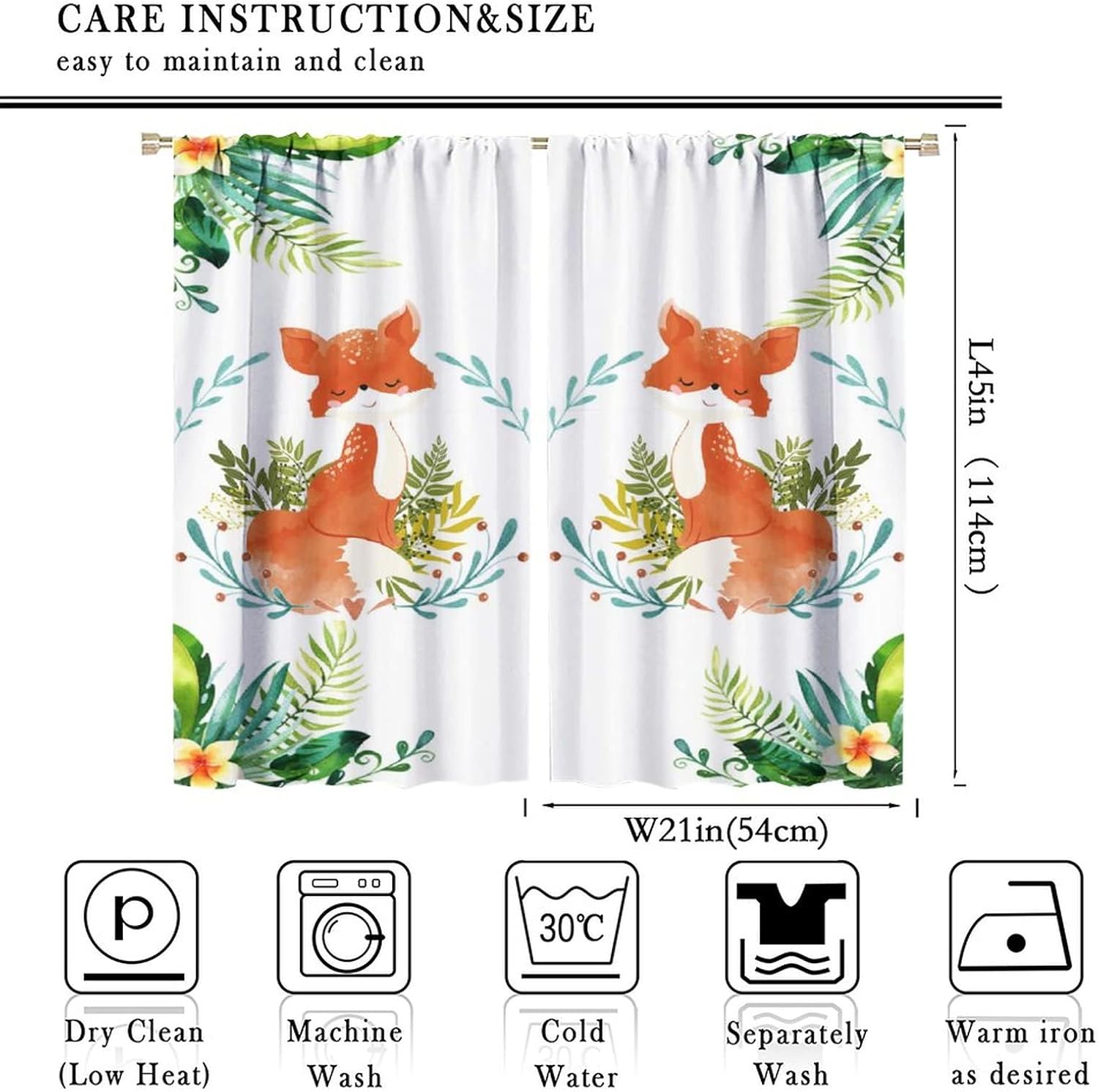 Cartoon Fox Art Blackout Curtains,Watercolor Mid Century Cute Forest Animal Fox Decor Window Curtains Rod Pocket Thermal Insulated Room Darkening Blackout Curtains for Bedroom 2 Panels 45L x 21W