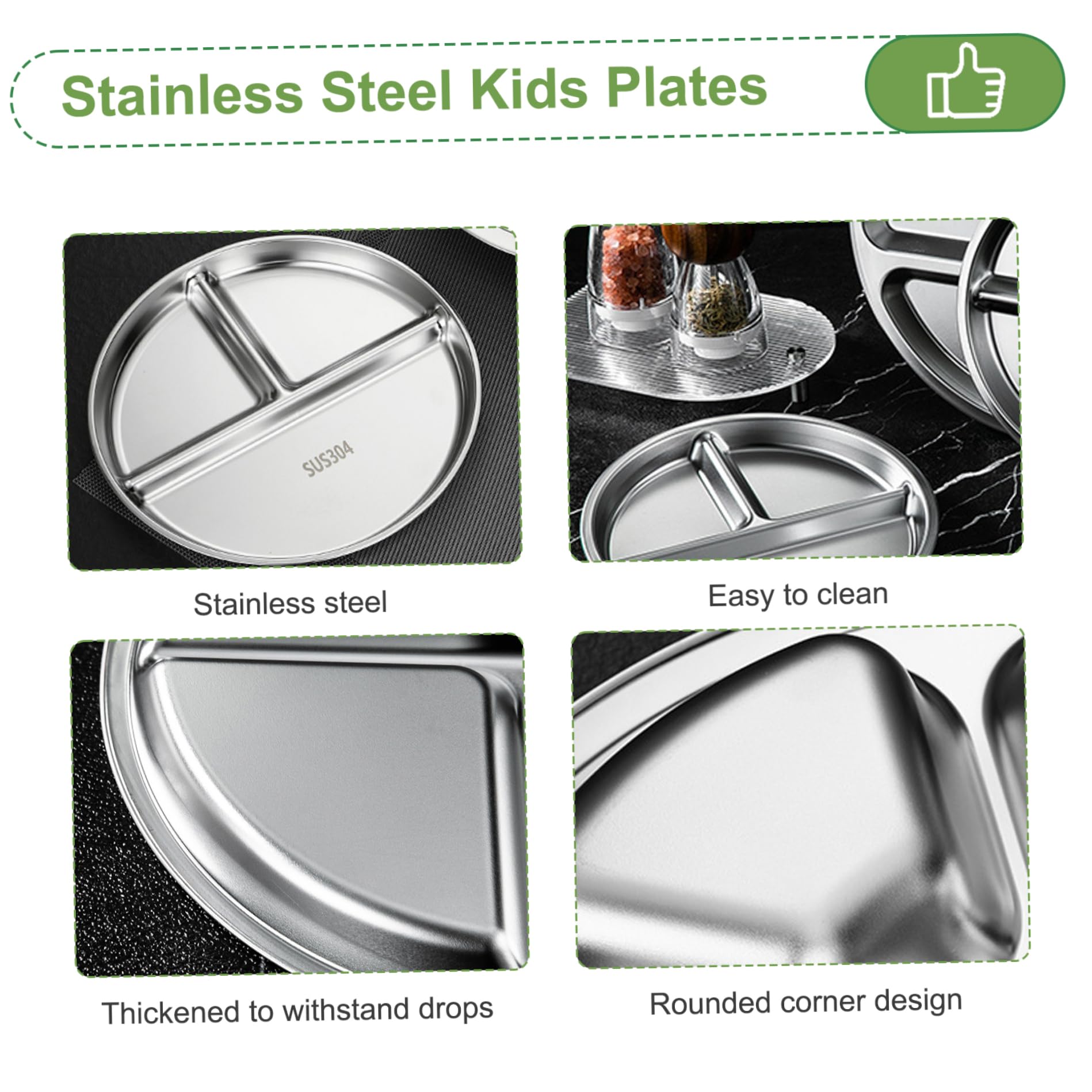 Kinderplatten für Essen aus Edelstahl Dinnerteller Drei-Kompartiment-Teller Ein leicht zu blockierter Portionskontrollteller für Kinder Erwachsene Camping Mittagessen 2pcs 8.9x8.9x0,7 Zoll