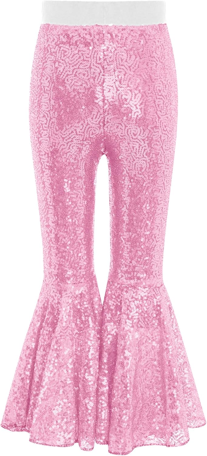 Kids Girls Glitter Sequin Flare Pants Shiny Disco Dance Bell Bottoms Sparkly Elastic Waist Trousers