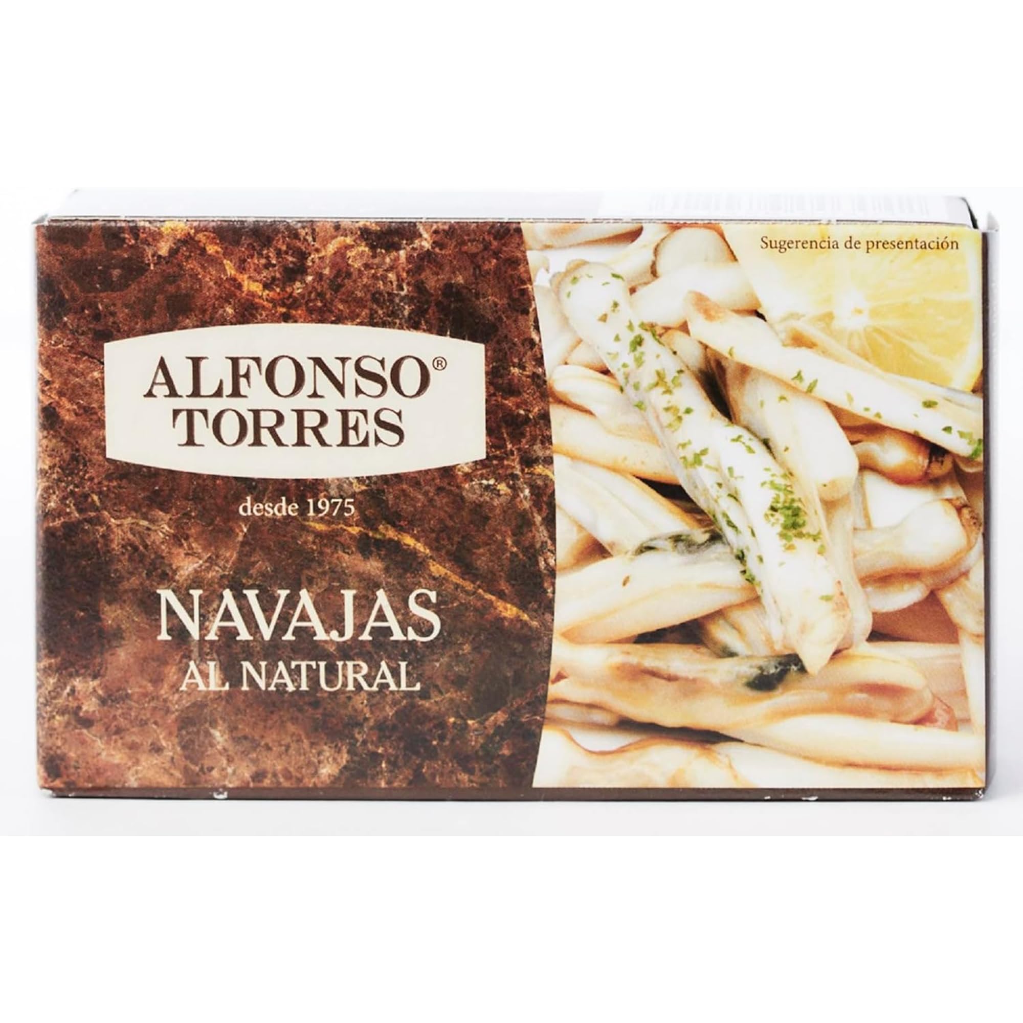 Navajas al natural. Peso Neto 111 gramos. Peso Escurrido 63 gramos. Categoría Gourmet. Con ingredientes 100% Naturales: Navajas, Agua y Sal. Alfonso Torres.