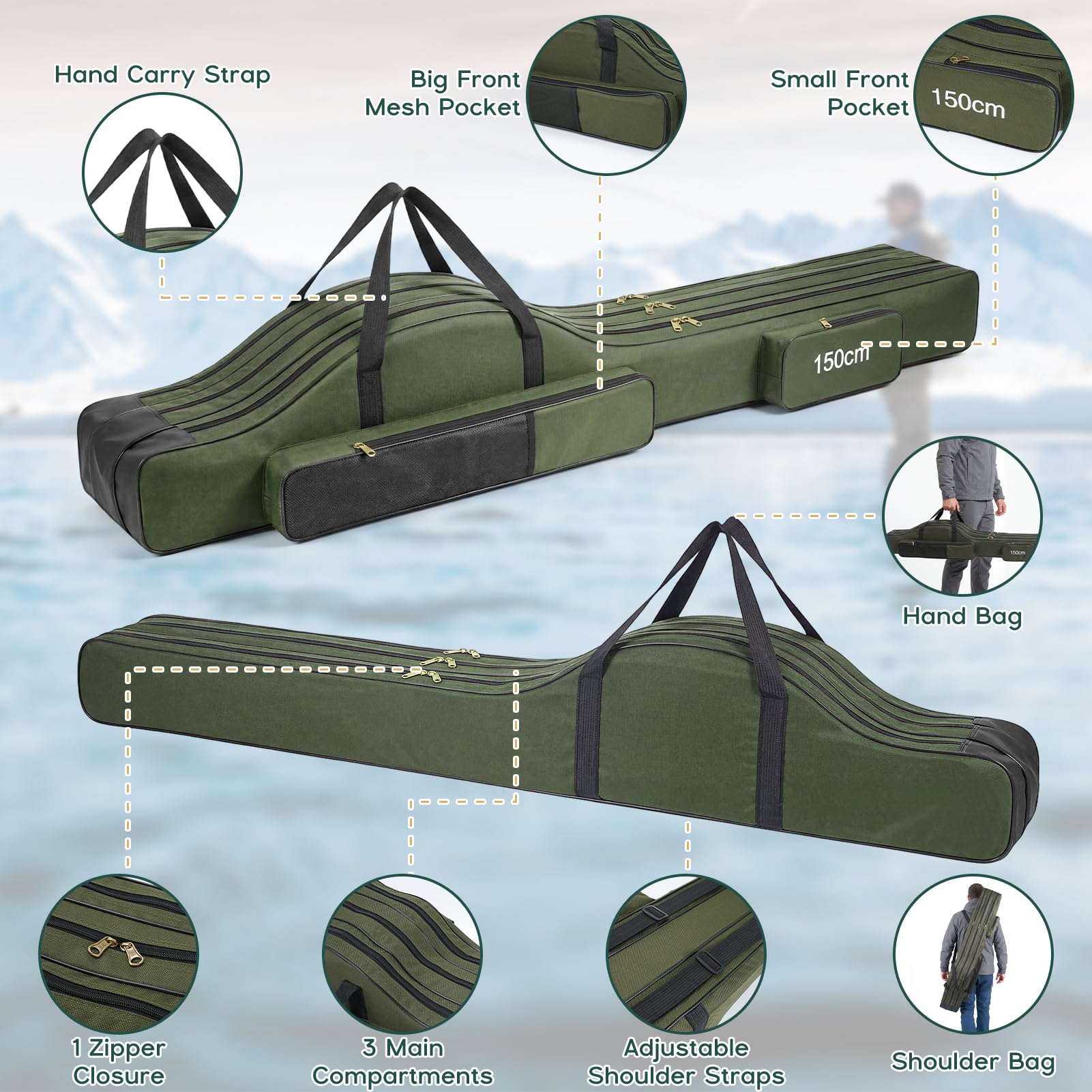 Angelrutentasche Angeltasche Rutentasche Rod Case mit 3 Fächern für Outdoor-Angelruten, 150cm Faltender Angelrute Tasche, Angelrute Werkzeuge Aufbewahrungstasche, Tragbare Angelgerät Tasche (Grün)