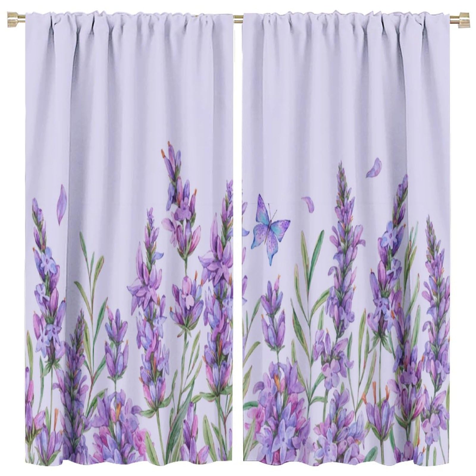 HZOHNAGO Lavender Flower Curtain Watercolor Purple Floral Butterfly Pattern Blackout Print Rod Pocket Window Drapes for Bedroom Living Room 63x63in