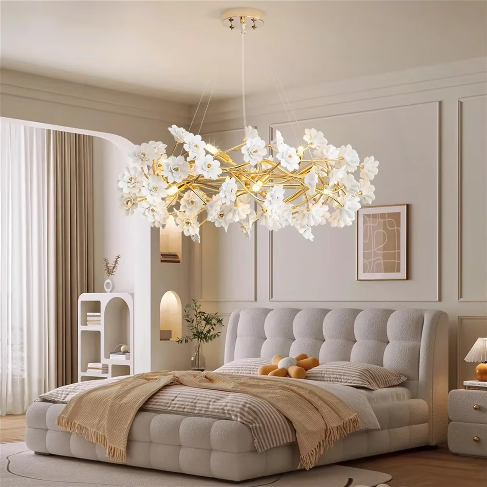 Französische weiße Blumenblüte Keramik Schlafzimmer Mädchenzimmer Romantische Decken-LED-Leuchte, Wohndeko