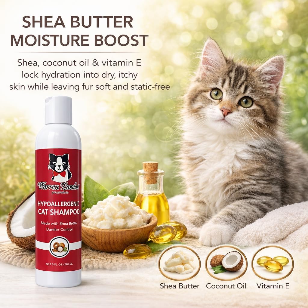 Warren London Hypoallergenic Cat Shampoo + Conditioner – Unscented 8 oz | Shea Butter Moisturizes Dry Skin & Reduces Dandruff | Soap-Free 2-in-1 for Dander & Allergy Control | Made in USA