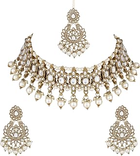 Gold Plated Indian Wedding Bollywood Kundan Pearl Drop Choker Necklace Jewellery With Earrings & Maang Tikka Set For Women (K7276)