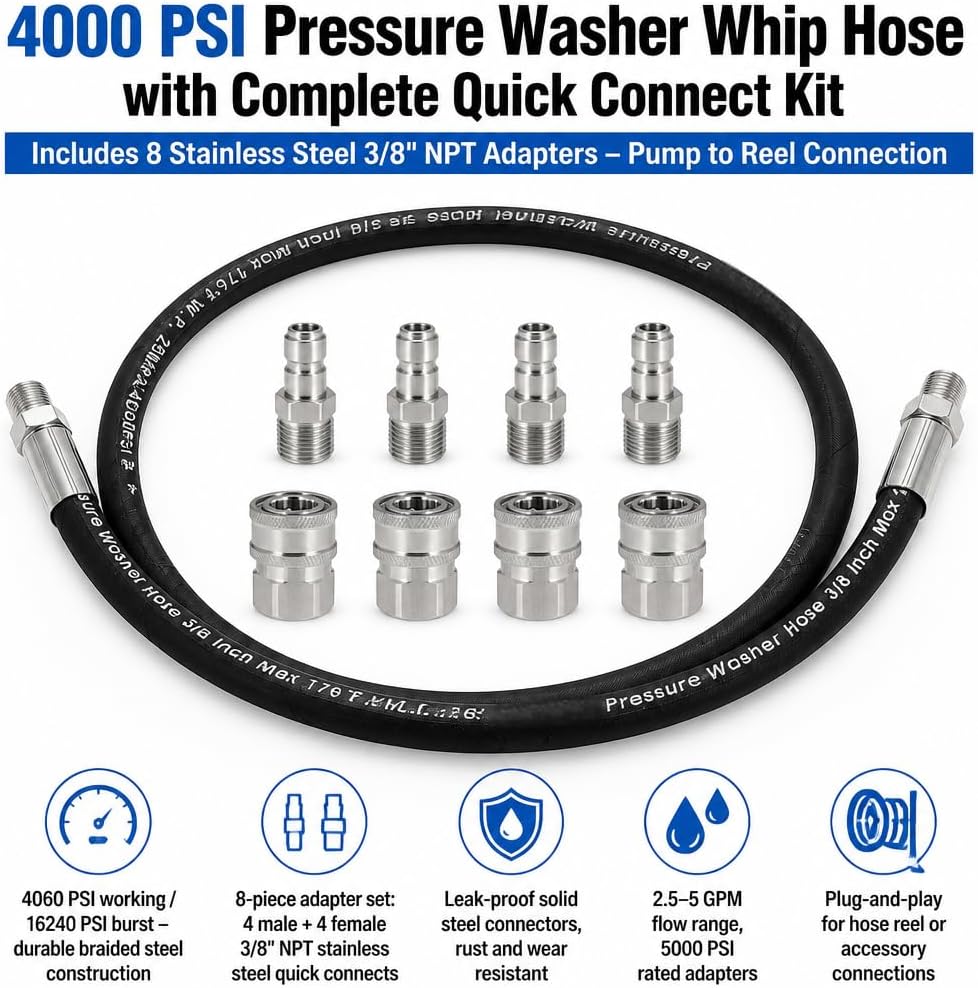 3FT Pressure Washer Whip Hose 4000 PSI Includes 4 Set 3/8" Male and Female Quick Connectors High Pressure Jumper Hose with 3/8" NPT Steel Connectors for Hose Reel, Pump to Reel Connection