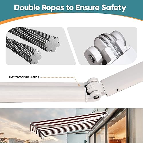 Miniatura 5 de MCombo Toldo retráctil manual de 13 x 8 pies para puerta de patio, refugio para exteriores (rojo ladrillo con rayas beige)