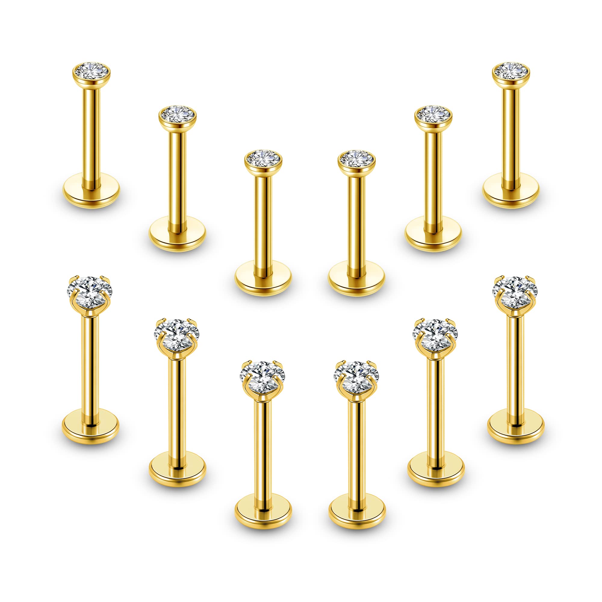 PiercingJak Piercings Tragus - Piercing para labio dorado, acero inoxidable, 12 unidades, para nariz, helix, cartílago, acero quirúrgico, diamantes de imitación, 2 mm, 3 mm, pendientes para mujer, Acero