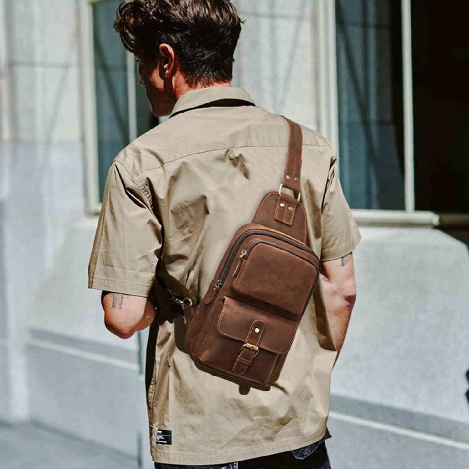 Vintage Crazy Horse Leather Sling Bag for Men Women - Thick Full Grain Crossbody Backpack for Outdoor Daypack Use