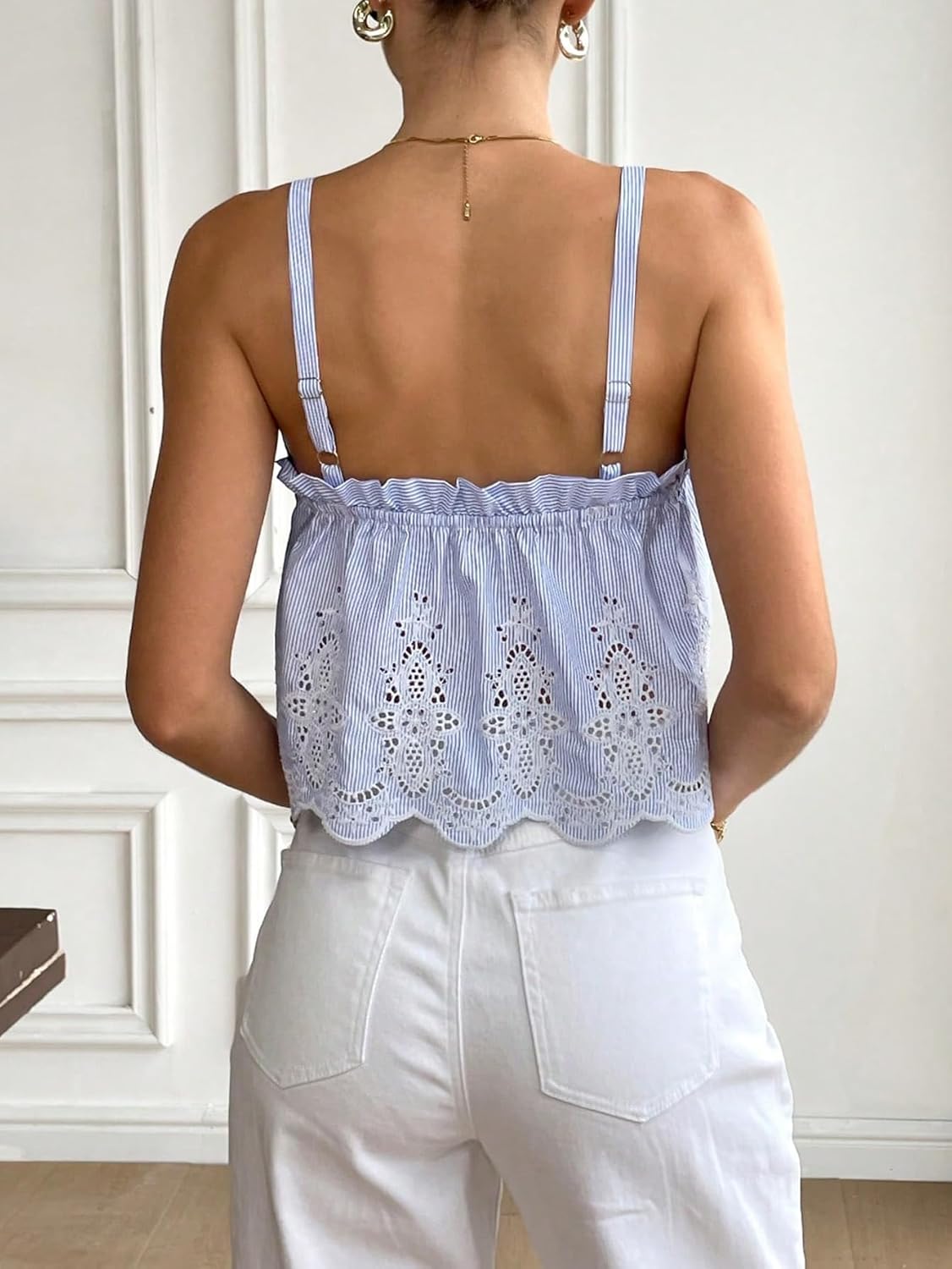 WDIRARA Women's Striped Camisole Tops Eyelet Embroidered Cami Crop Top Vacation Beach - Image 2