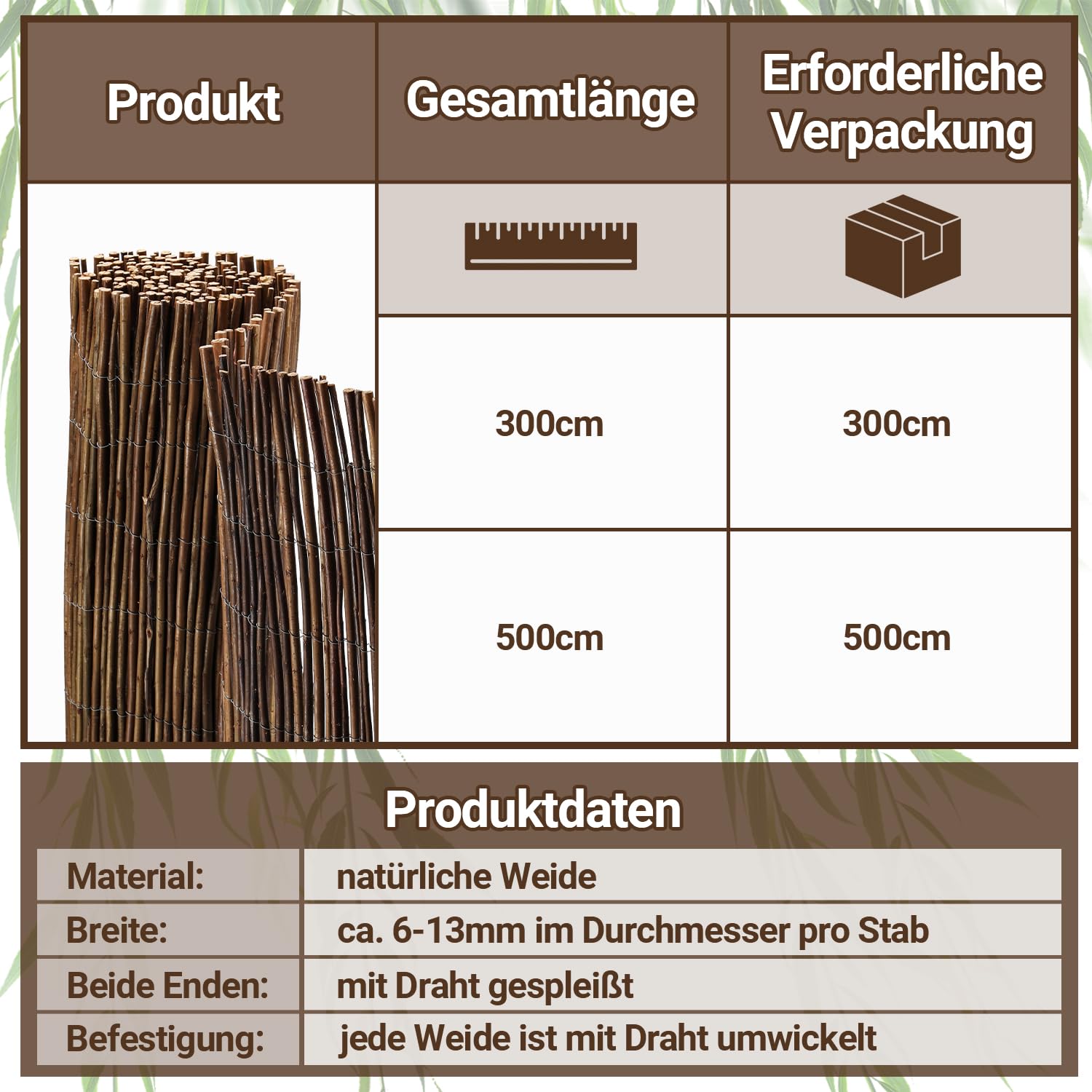Mata wierzbowa 100 x 500 cm, Ø 6-13 mm, naturalna ochrona przed wzrokiem do ogrodu, na balkon i taras, ochrona przed wiatrem i słońcem, ogrodzenie balkonowe, elastyczny montaż, brązowa