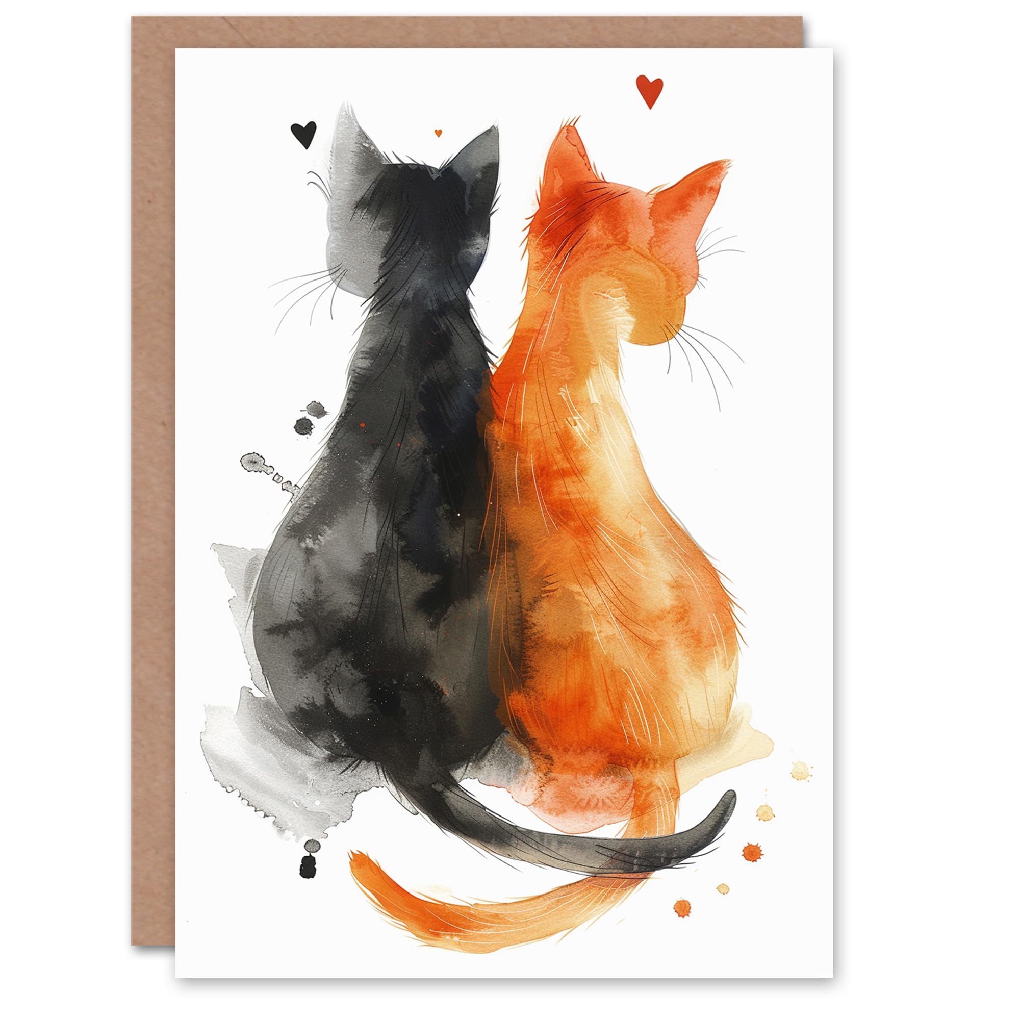 Artery8 Valentine's Day Card Black Cat Orange Tabby Lover Sweet Love Blank Arty Art All Occasion Greeting Card
