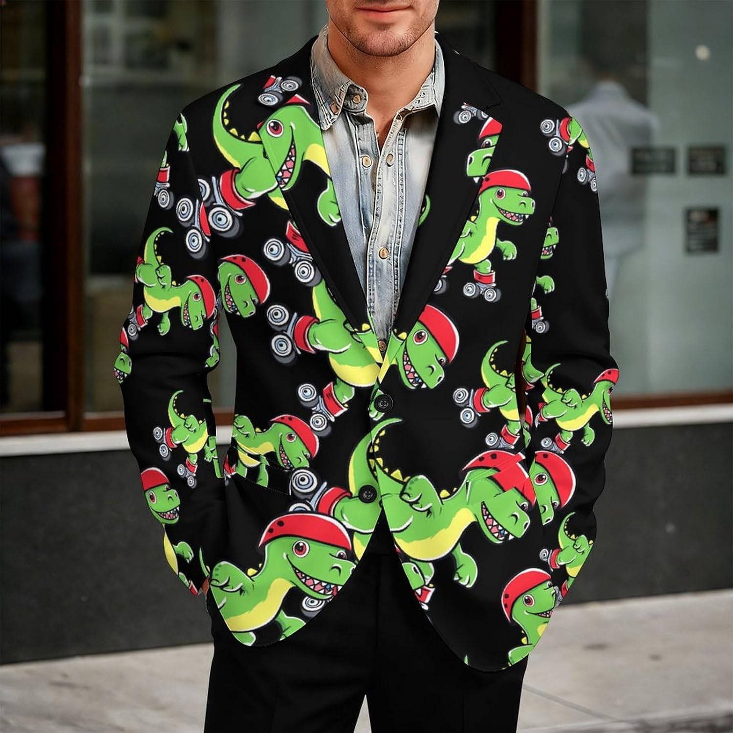 Rollerskating Dinosaur Mens Casual Blazer Sport Coat Two Buttons Suit Jacket for Business Wedding Party