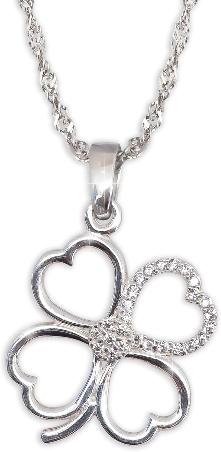 925 Sterling Silver Four Leaf Clover Necklace - Rhodium Plated Shamrock Pendant with 20" Inch Chain White CZ - Good Luck Charm - Irish Jewelry Gift for Women - Handmade