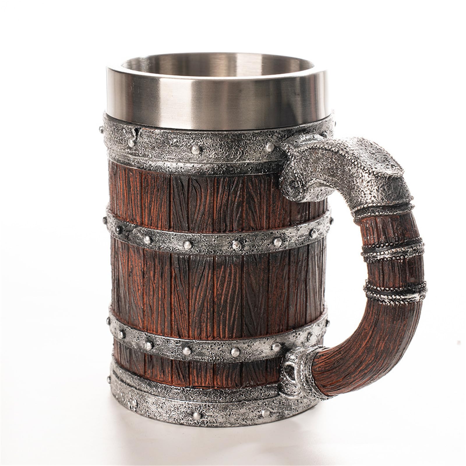 Grand verre à bière en résine - Double paroi - Pour boissons chaudes et froides - Élégant gobelet en forme de fût en bois - En acier inoxydable - Pour fêtes à la maison