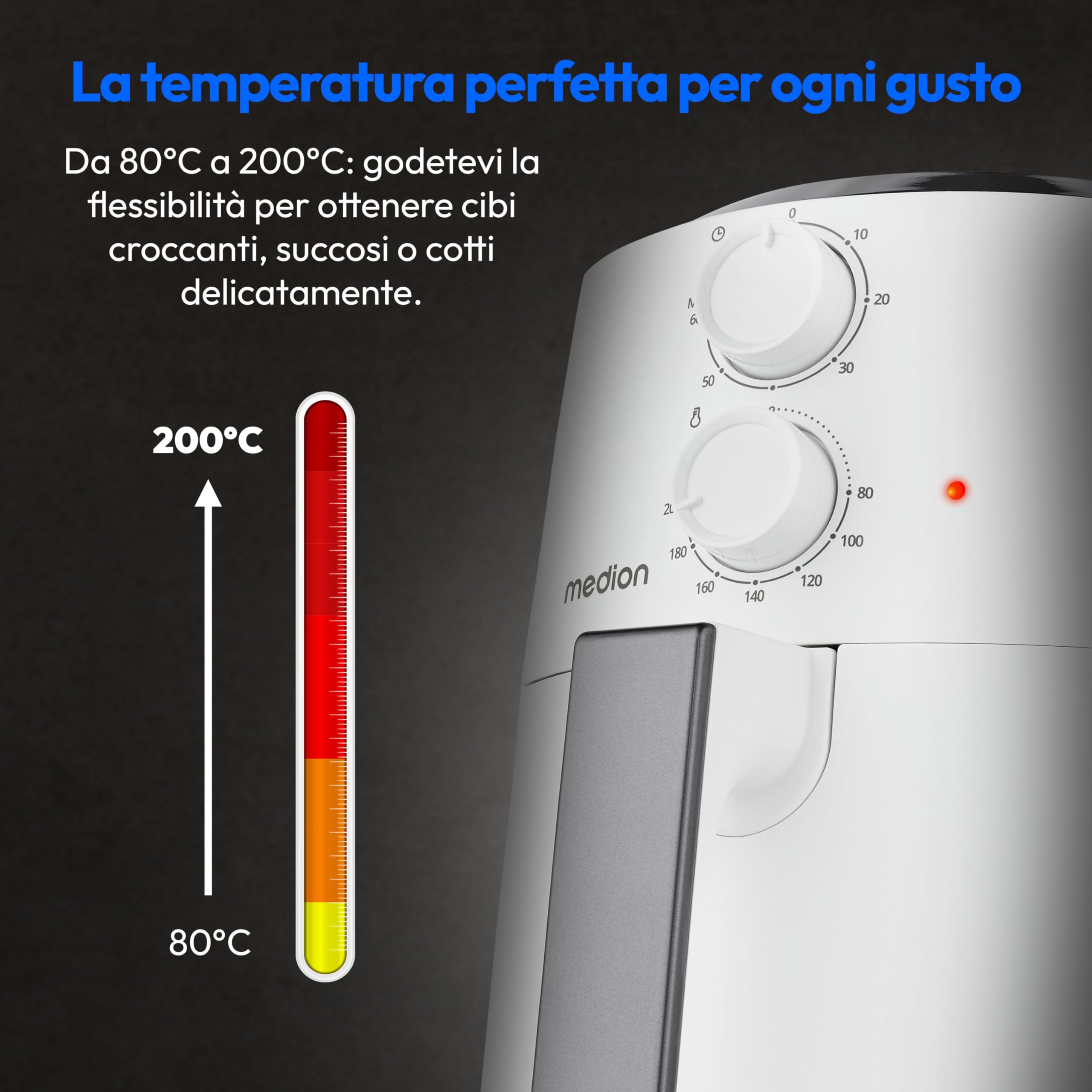 MEDION P30 L Friggitrice ad aria calda (4,7 litri, friggitrice ad aria, 1500 watt, funzionamento semplice, frittura senza olio, timer 60 minuti, fino a 200° C, rivestimento antiaderente, MD13020)