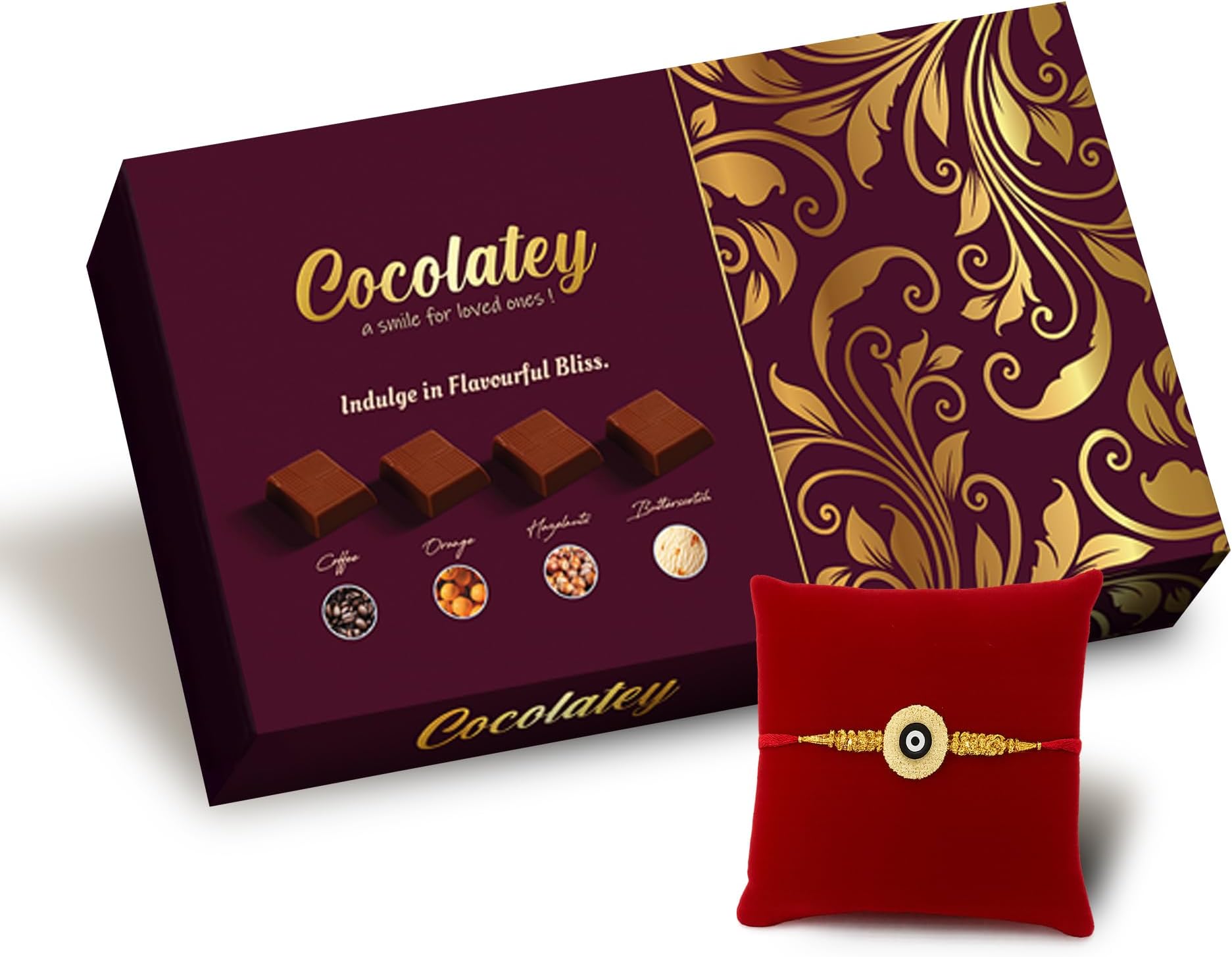 Oriole Gifts Rakhi with Chocolate Gift Hamper for Brother, Sister, Bhabhi and Kids | Single Golden Evil Eye Rakhi, 8 Exotic Chocolate Bites Combo Set with Raksha Bandhan Greeting Card