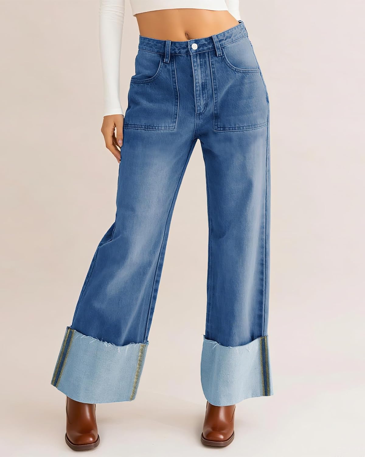 Flvsun Women's High Waisted Baggy Cuffed Jeans Casual Straight Leg Boyfriend Denim Pants with Deep Pockets - Image 3