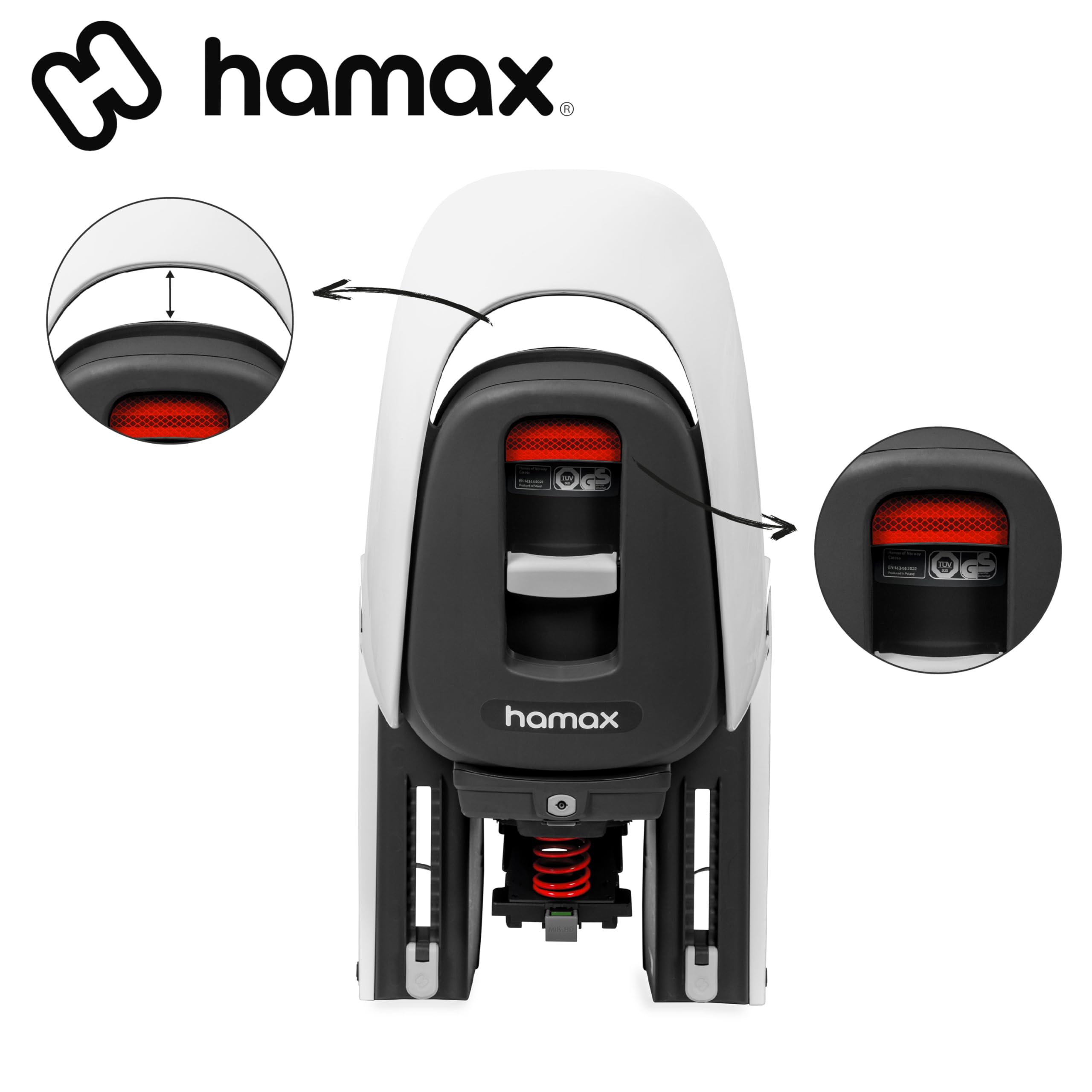 HAMAX Caress Siège enfant de vélo avec support de porte-bagages, blanc/gris, installation facile, sûr et confortable, adaptateur de porte-bagages Caress pour siège de vélo enfant Caress