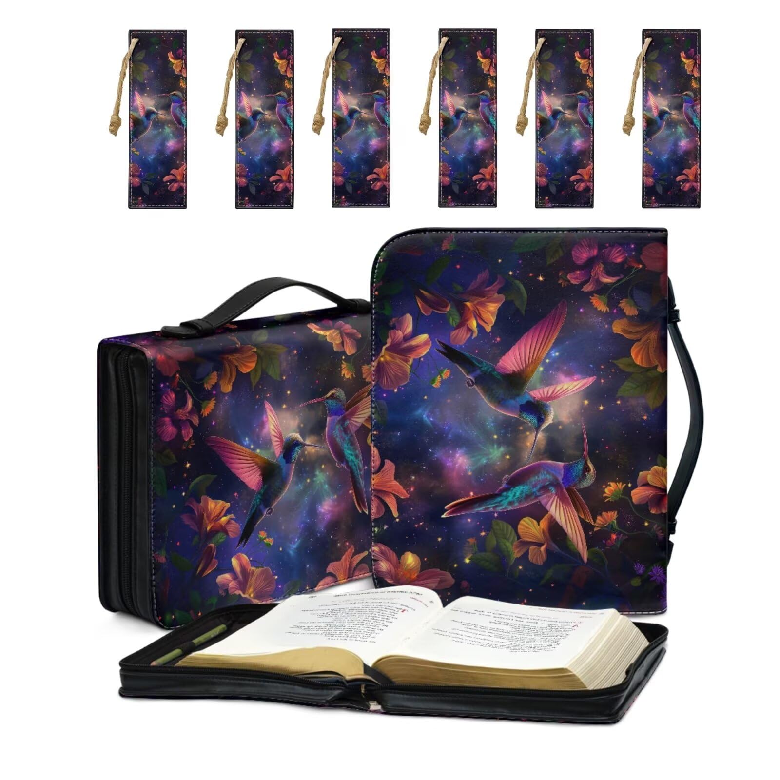COEQINE Set di 7 custodie in pelle per bibbia con colibrì e segnalibro riutilizzabile, per donne e uomini, colore nero e viola, con fiore