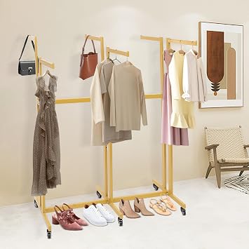 6 Arms Clothing Retail Rack, Floor Standing Metal Garment Rack with Wheels, Adjustable Height Versatile Clothes Display Rack, for Clothes Storage, Commercial Clothing Organize (Gold)