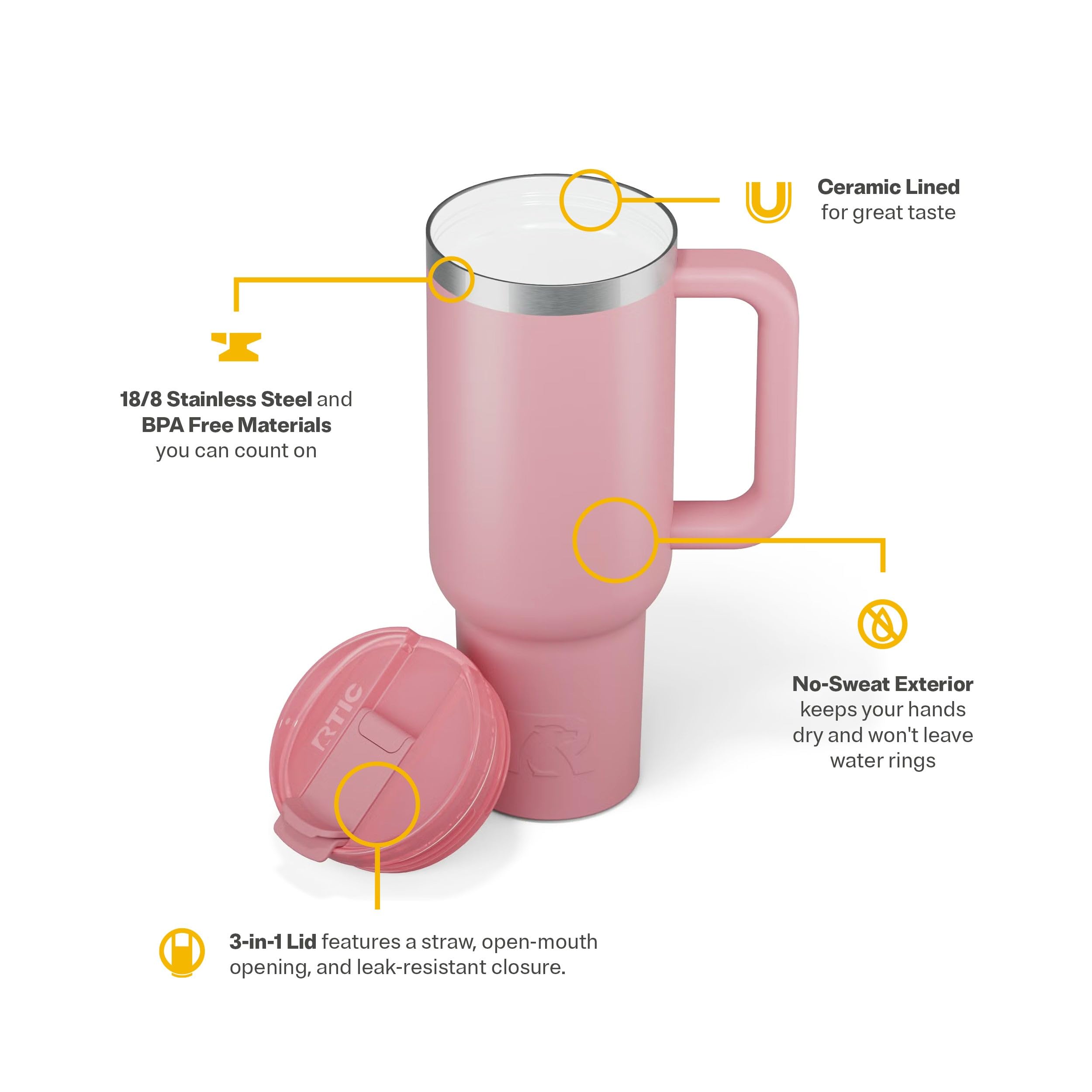 Amazon.com: RTIC 40 oz Road Trip Tumbler Double-Walled Cermaic Lined  Insulated Stainless Steel Portable Travel Coffee Mug Cup with Lid, Handle  and Straw, Dusty Rose : Home & Kitchen
