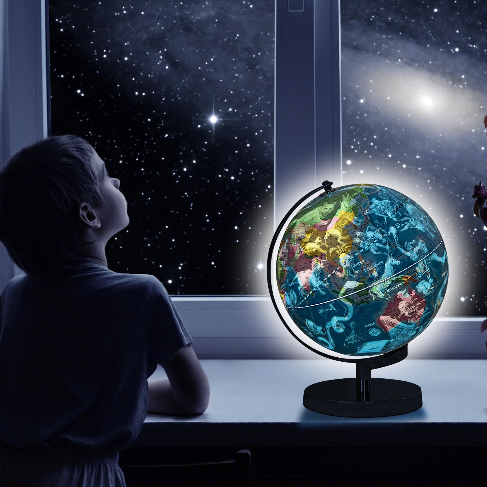 GIANTEX Mappamondo luminoso 23 cm 3 in 1, interattivo e ruotabile a 360°, mappa del mondo HD e mappa delle costellazioni illuminate, educativo per bambini, lampada LED con base in metallo