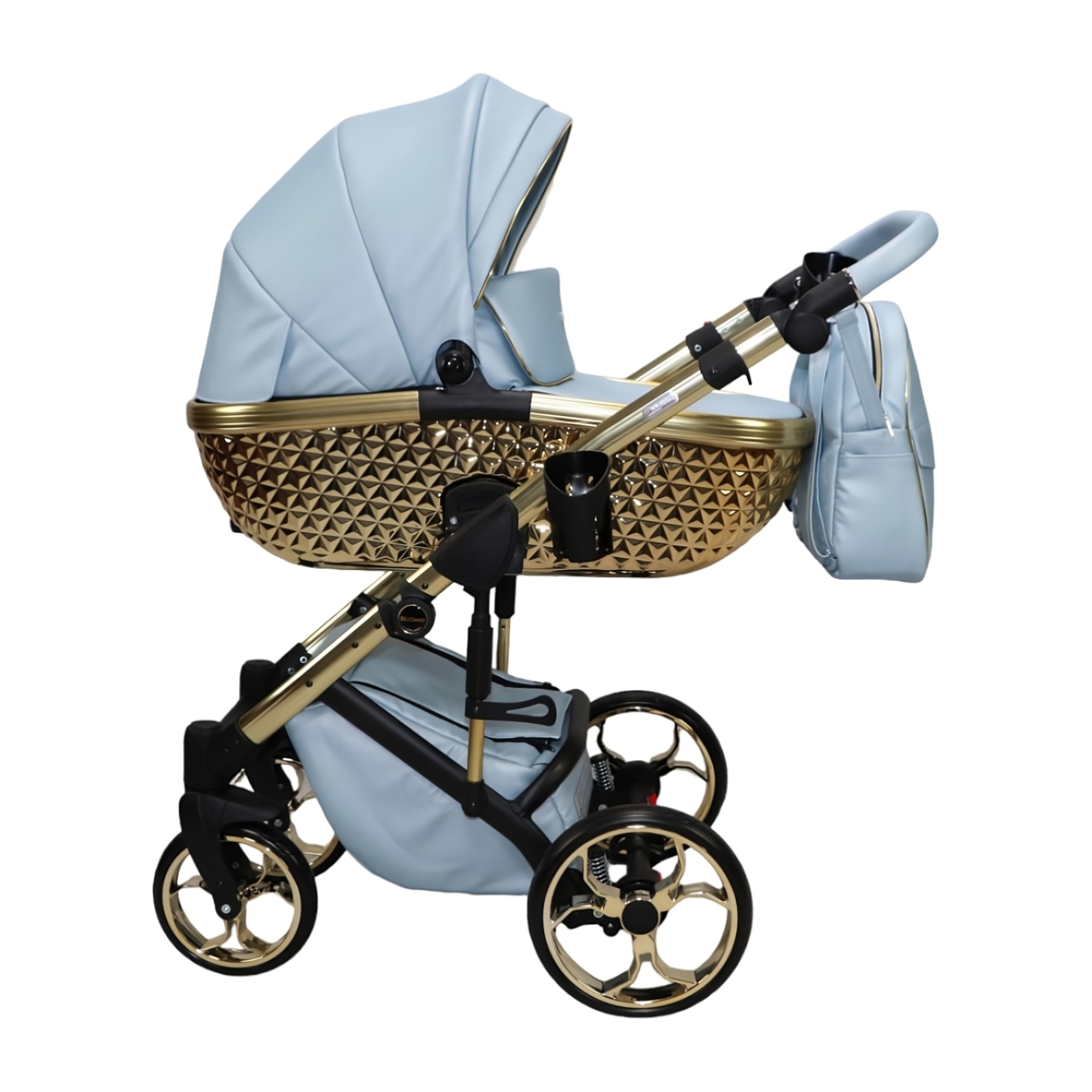 Passeggino Ritmo Trio BBtwin ecopelle con accenti dorati o argentati. Carrello 3 pezzi 3in1 eco-pelle completo di accessori. Blu