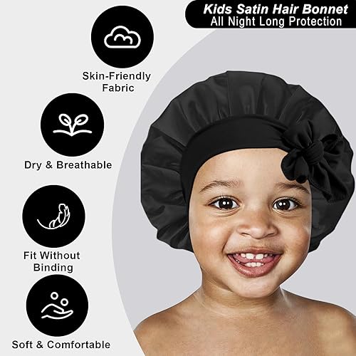 Miniatura 4 de 3 gorros de seda para dormir para niños, gorro de satén para bebé, gorro de pelo para cabello rizado para niñas y niños con banda elástica ancha,