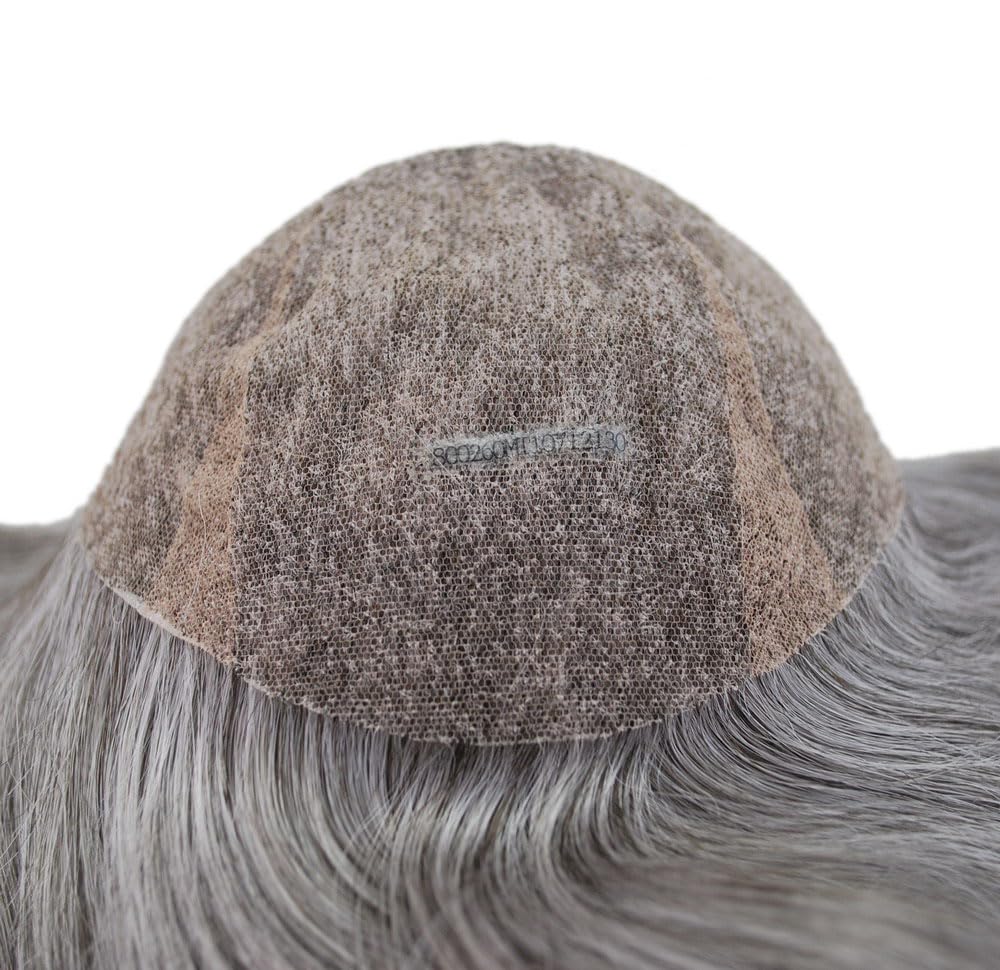 Mens Toupee Gray 260 Swiss Lace Human Hair Piece Dark Brown mixed 60% Gray Hair System