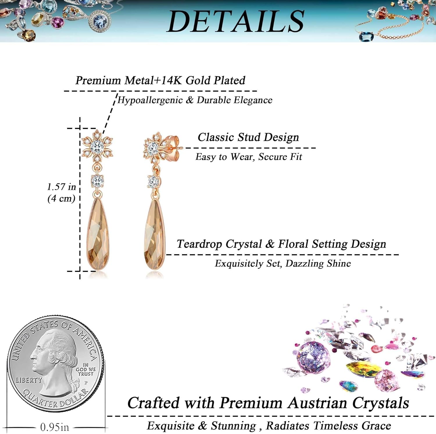 Austrian Crystal Teardrop Earrings Flower Dangle Earrings for Women 14K Gold Plated Drop Stud Earrings Hypoallergenic Jewelry - Image 4