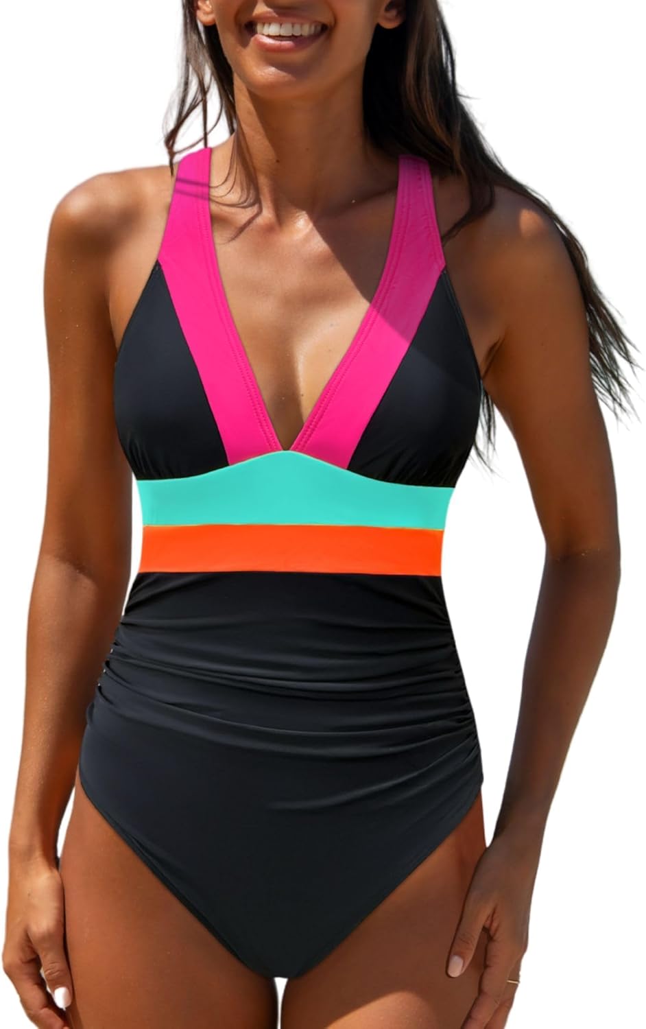 popvil One Piece Swimsuit Women 2025 Tummy Control Neon Color Block Bathing Suit Deep Vneck Tie Back Swim Suits Beach, Black Red, X-Large