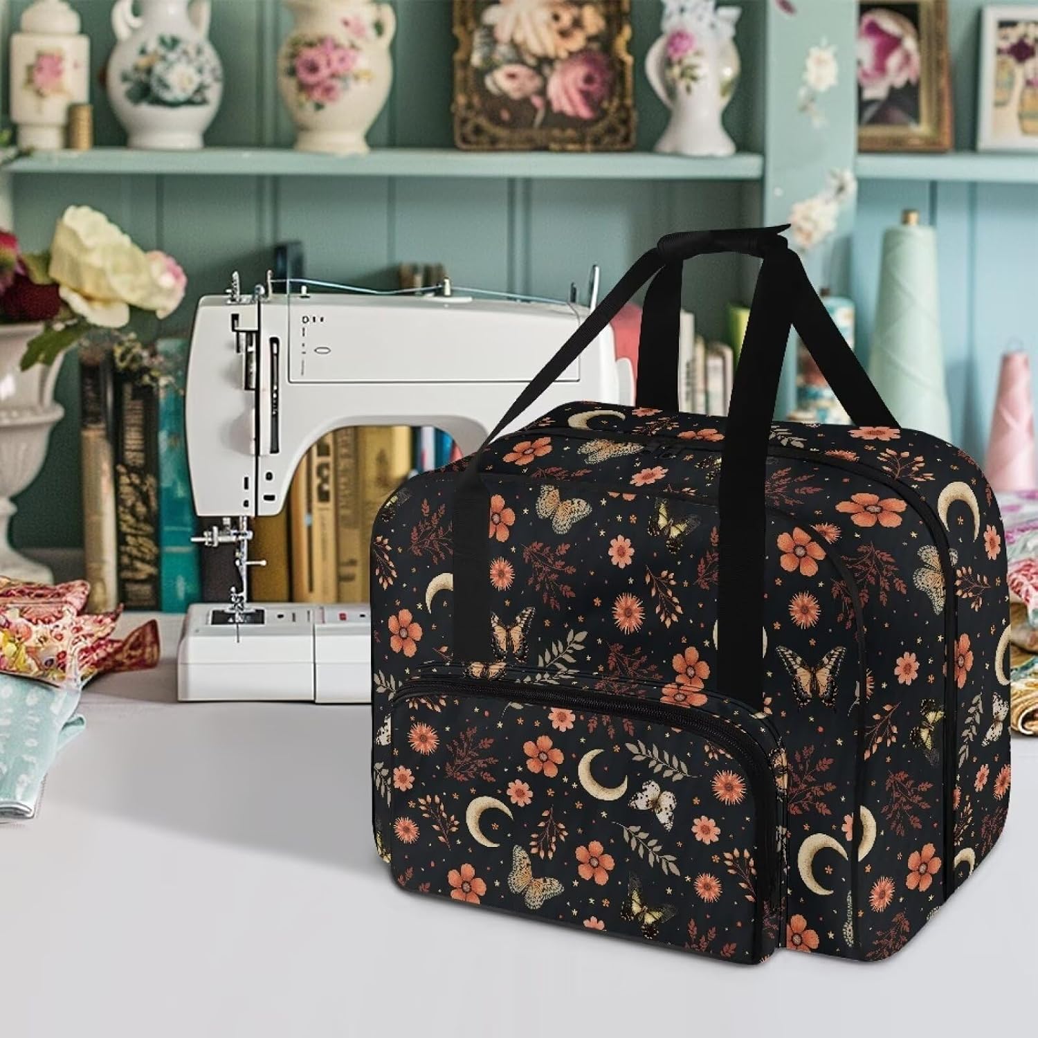 Floral Moon Butterfly Sewing Machine Case, Portable Cover Tote Bag for Brother, Singer & Most Machines - Carrying Travel Storage Carrier Supply Organizer for Accessories