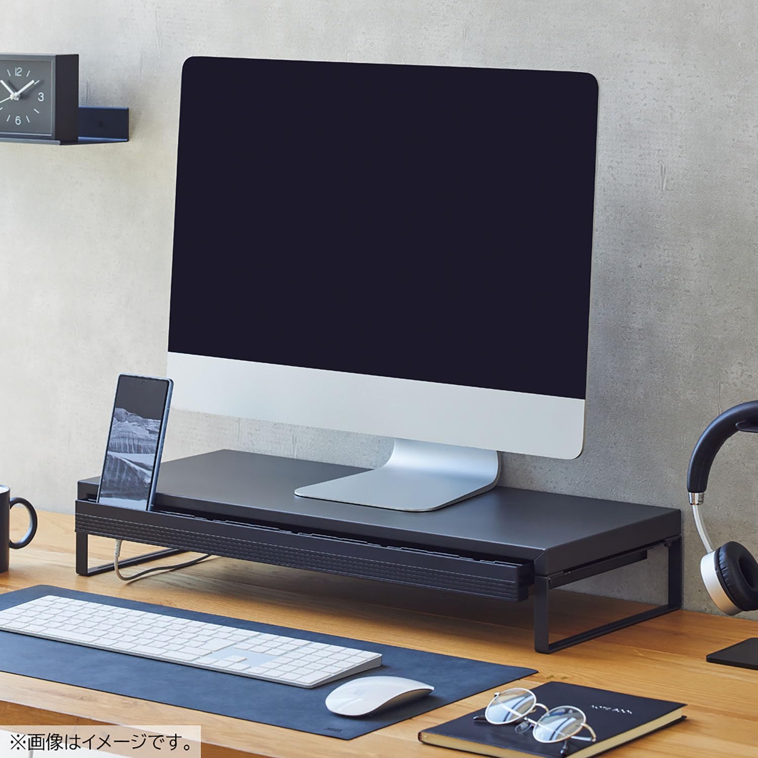 Lihit Lab A7338-124 Computer Stand, Monitor Stand, Desktop Stand, Width 23.2 inches (590 mm), With Drawer, Matte Black