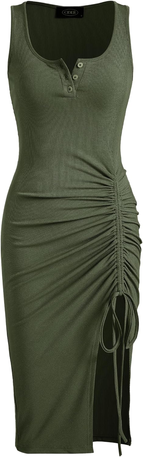 CIDER Rib Button Drawstring Midi Dress
