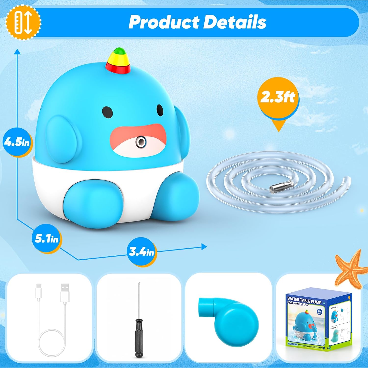 Water Table Pump Continuous Flow,Rechargeable Unicorn Toys Whale Pump,Battery Powered Water Pump Toy,Outdoor Water Play Table Accessories for Kids & Toddlers,Compatible with Step 2