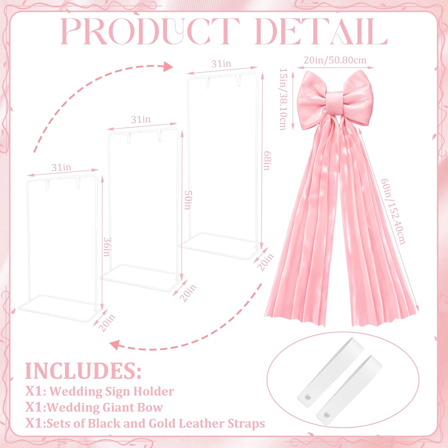 LEIFIDE Wedding Welcome Sign Stand with Giant Bow Adjustable Wedding Sign Holder with 2 Leather Hanging Straps Seating Chart Easel for Birthday Bridal Shower Home Party Decor(Pink)