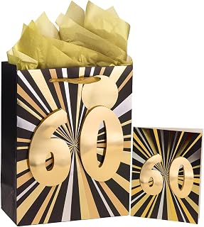 MAYPLUSS 13" Large Gift Bag with Greeting Card and Tissue Paper for 60 Years Birthday Party - Black Gold Foil Design