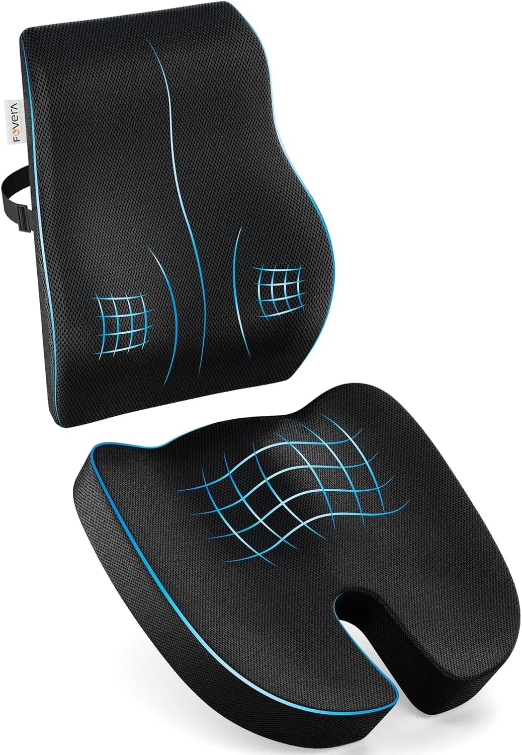 FOVERA Back Support for Office Chair & Coccyx Seat Cushion for Tailbone - Orthopedic Memory Foam Sitting Cushion Combo - Relieves Back, Sciatica, Hip, Seat Bone Pain - for Office & Home Chair (Black)