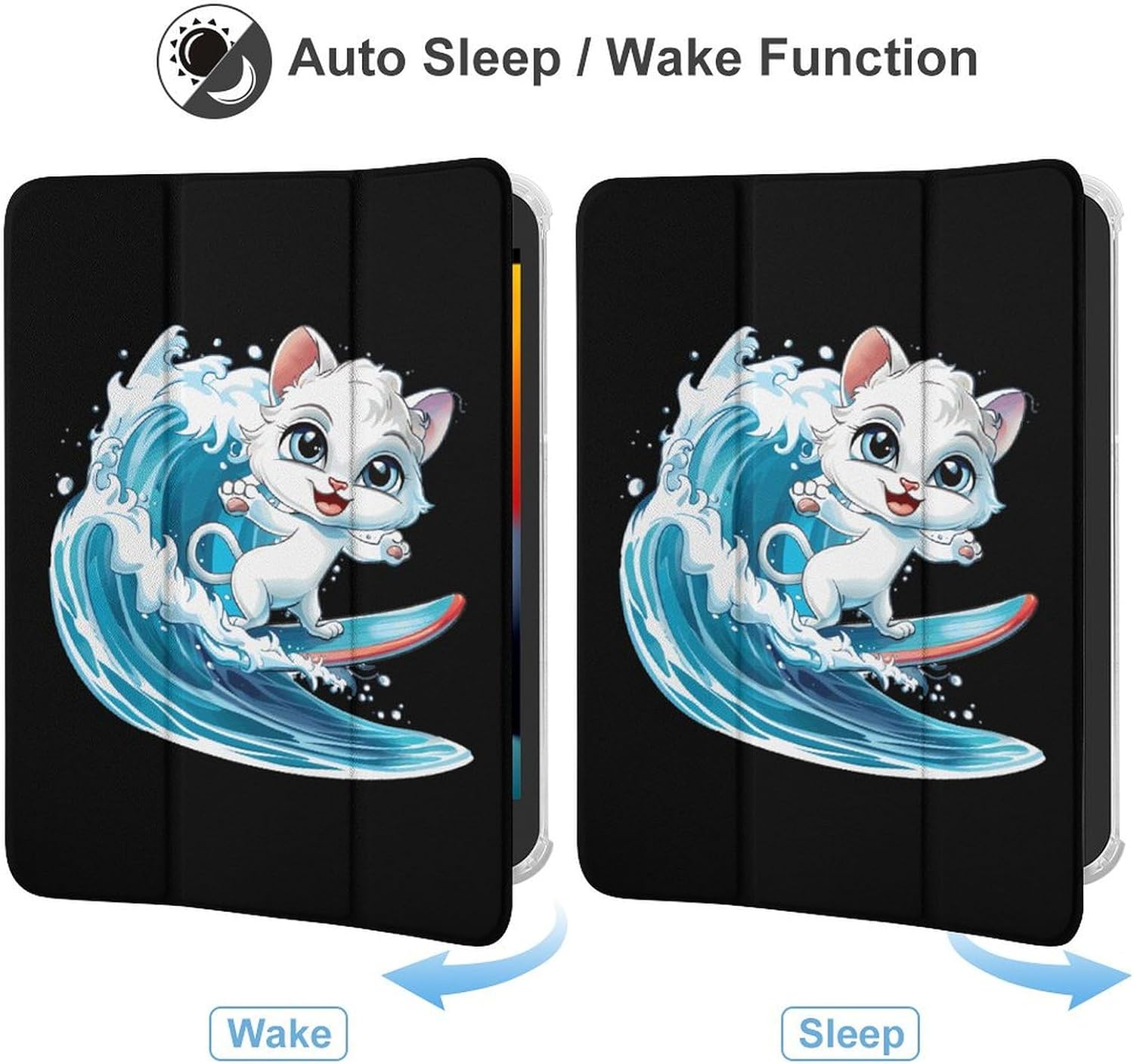 Cat Surfing Cute Case Compatible for Mini4/5（7.9in） Trifold Tablet Protective Cover with Pencil Holder