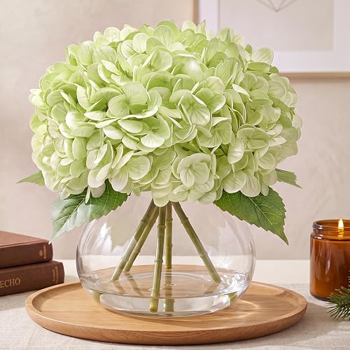 Real Touch Artificial Hydrangea in Vase,Premium Faux Flowers with Faux Water for Home Decoration,Coffee Table,Wedding,Green Fake Hydrangea with Vase for DIY Floral Arrangements