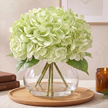 Real Touch Artificial Hydrangea in Vase,Premium Faux Flowers with Faux Water for Home Decoration,Coffee Table,Wedding,Green Fake Hydrangea with Vase for DIY Floral Arrangements