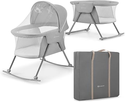 Kinderkraft LOVI Travel Bassinet for Baby, Gray | Portable Folding Baby Bed, Built-in Mosquito Net, Adjustable Hood, Additional Cradle Function