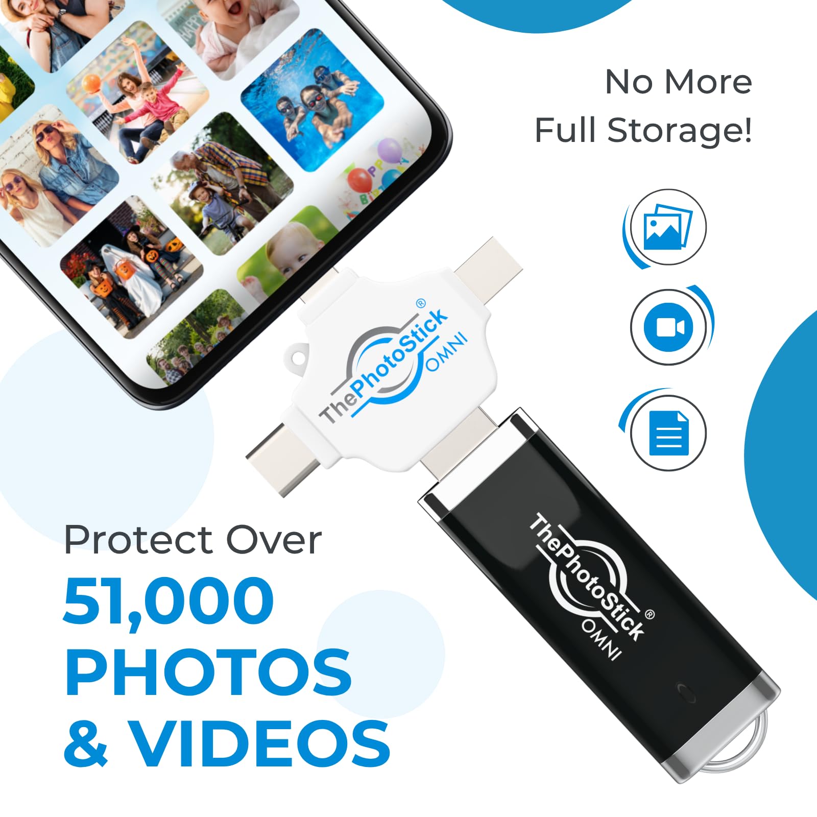 ThePhotoStick Omni 128 GB – Sichere Sicherung und Übertragung | Digitale Dateiorganisation | USB- und Multiport-Anschluss für Handys, Tablets und Computer | Tragbarer externer Speicher