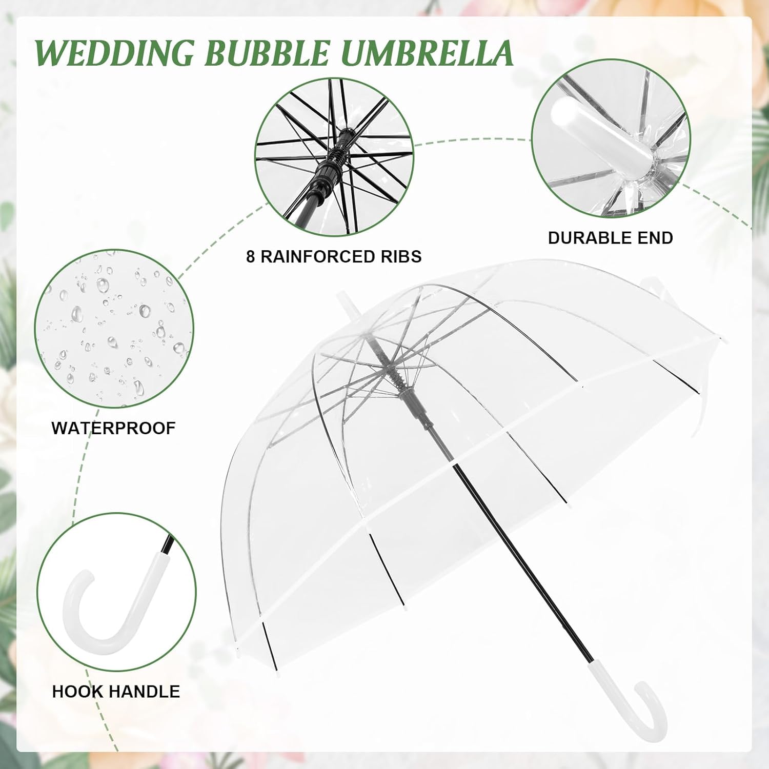 60pcs Auto Open Clear Dome Umbrella Wedding Clear Bubble Umbrella Bulk Large Dome Rain Windproof Stick Umbrellas for Weddings Prom Graduation and Outdoor Events(White)