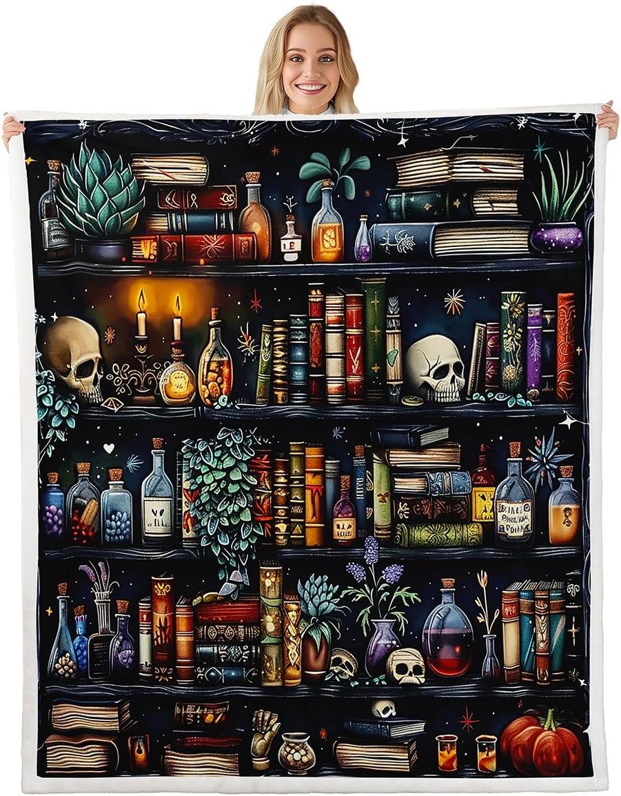 Erosebridal Retro Bookshelf Throw Blanket Throw 50x60,Science Chemical Theme Fleece Blanket for Kids Boys Girls Bookcase Books Sugar Skull Halloween Pattern for Bedroom Home Dorm All Season
