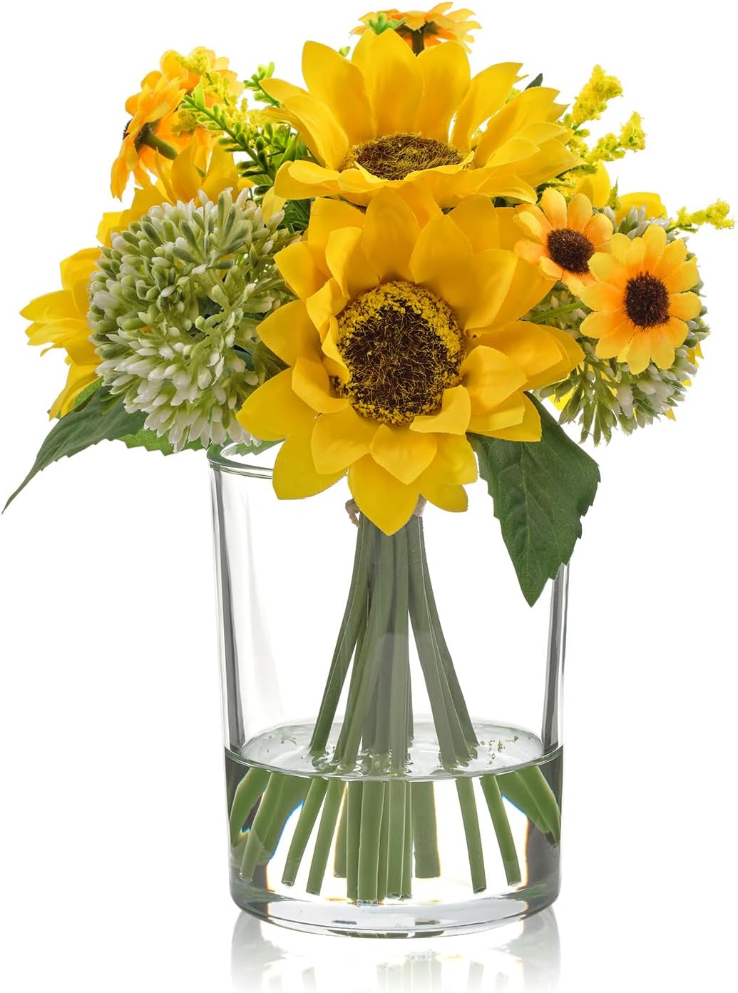 WELL KNOWN Yellow Silk Sunflower Arrangements Bouquet with Vase, Sunflower Artificial Flowers in Glass Vase for Housewarming Decoration Home Decor Office Dining Table Centerpieces