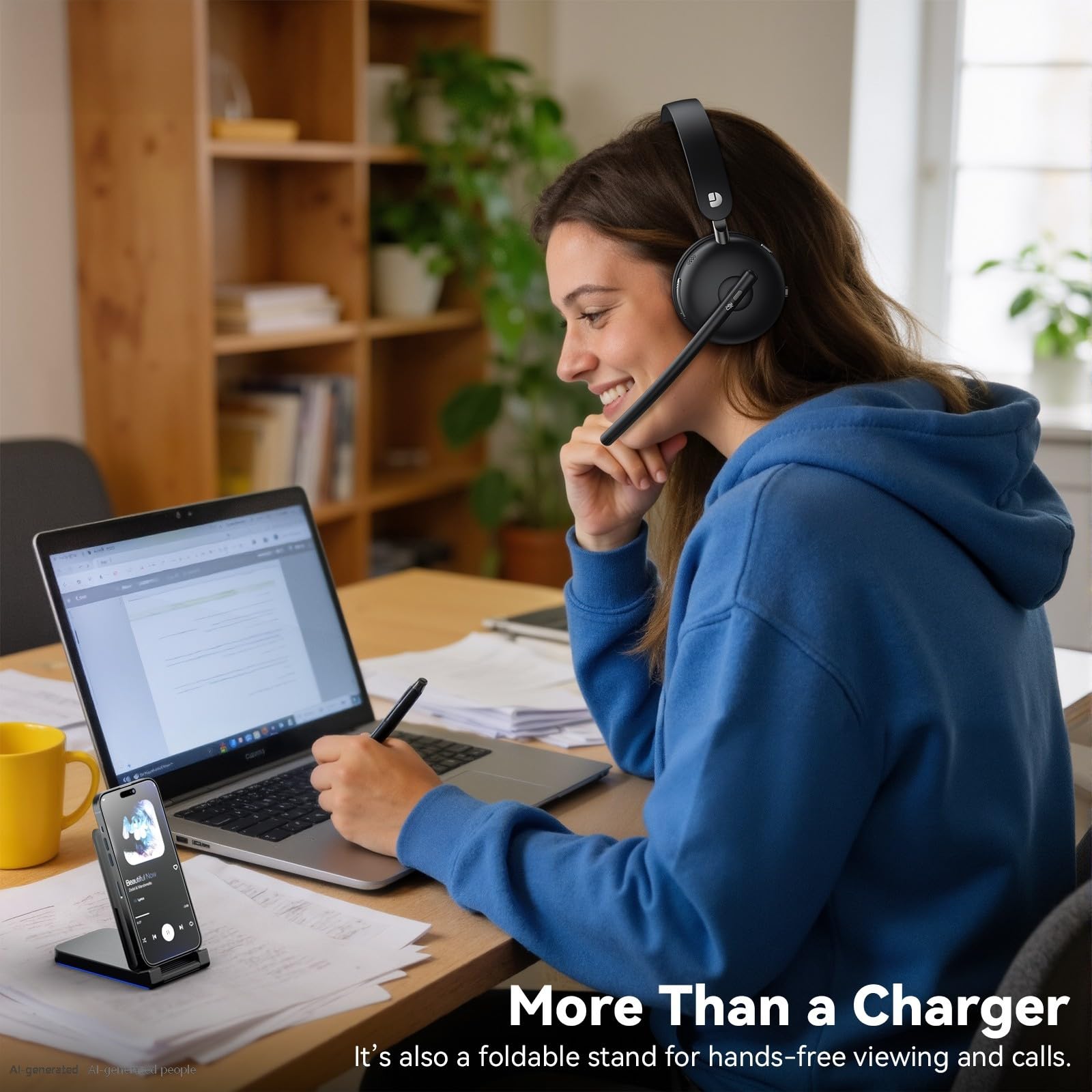 Dytole Cuffie wireless con microfono per lavoro, cuffie Bluetooth 5.3 con microfono a cancellazione del rumore, cuffie wireless con batteria 65 ore e ricarica rapida 10 minuti, dock di ricarica