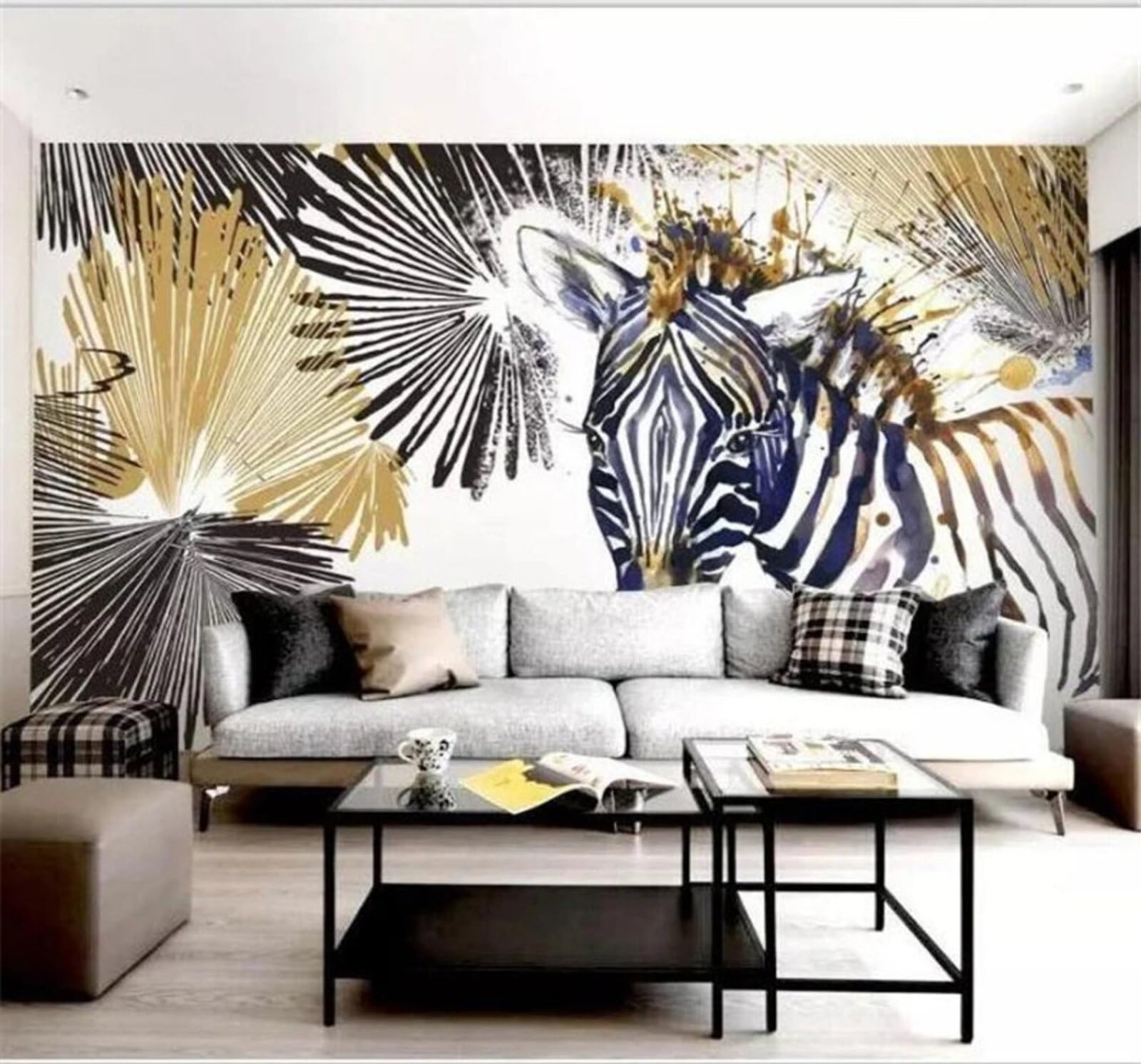 Xlming 350Cm×256Cm(B×H) Hand Drawn Doodle Abstract Zebra Leaves 3D Wallpaper Luxury Silk Study Dining Feature Sofa Grey Bedroom Living Room Tv Decorative Wall-350Cm×256Cm
